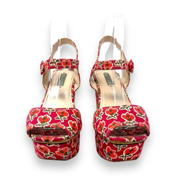 Prada Vintage Le Voyageur Collection 2012 Floral Wedge Platform Sandals Red 40.5 - Picture 3 of 16